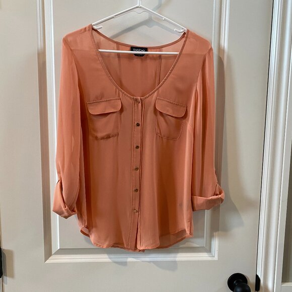 Bebe Sheer Peach Button Front Top w Open Split Backing Size Medium - Picture 1 of 9